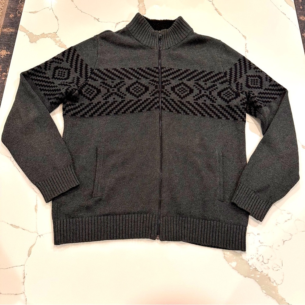 Express Men’s Full Zip Cardigan Grandpa Sweater Sz L Knit Gray Aztec Ski Pockets